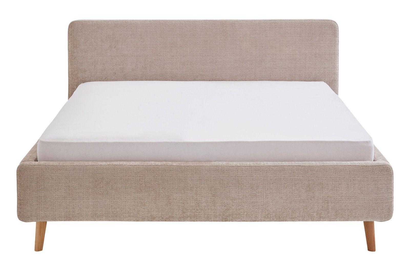 Frontale Ansicht eines Polsterbetts in Beige mit Holzfüßen und weißer Matratze.