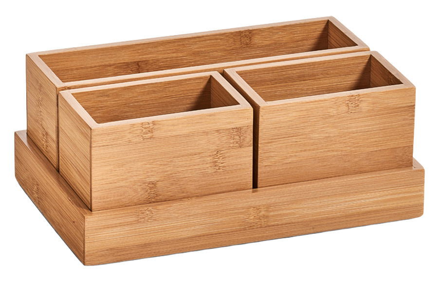 Bambus Organizer-Set 4-tlg. aus der Perspektive von vorne, bestehend aus vier rechteckigen Fächern auf einer Basis.