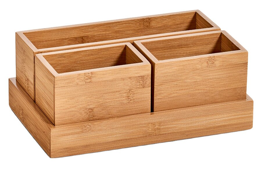 Bambus Organizer-Set 4-tlg. aus der Perspektive von vorne, bestehend aus vier rechteckigen Fächern auf einer Basis.