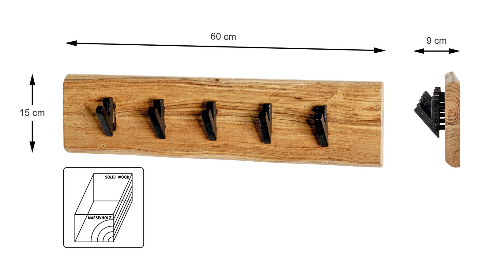 Wandgarderobe aus Massivholz mit fünf schwarzen Haken, Vorderansicht und Seitenansicht, Maße 60x15x9 cm