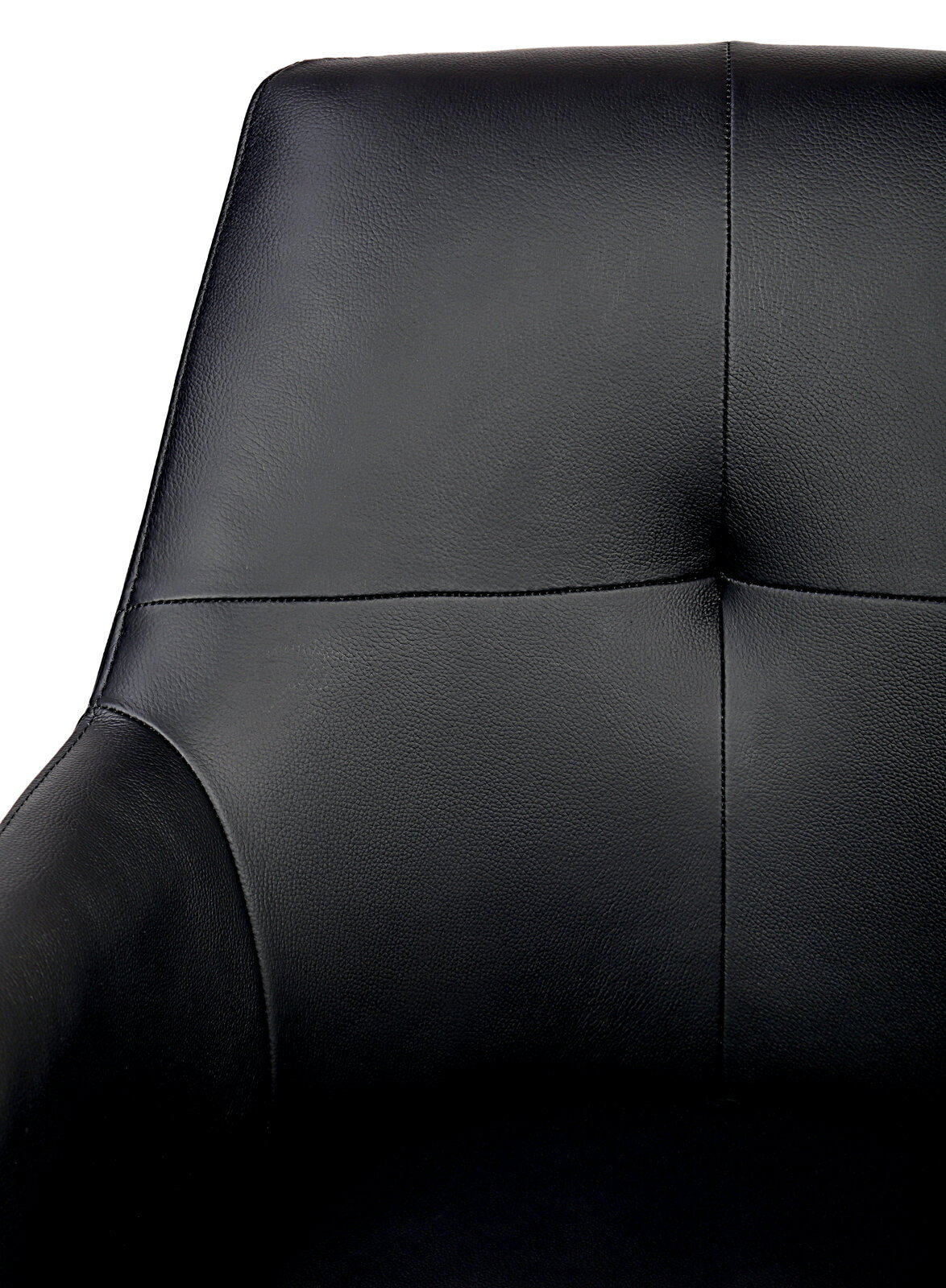 Nahaufnahme eines schwarzen Barhockers mit gepolsterter Rückenlehne, Vorderansicht.