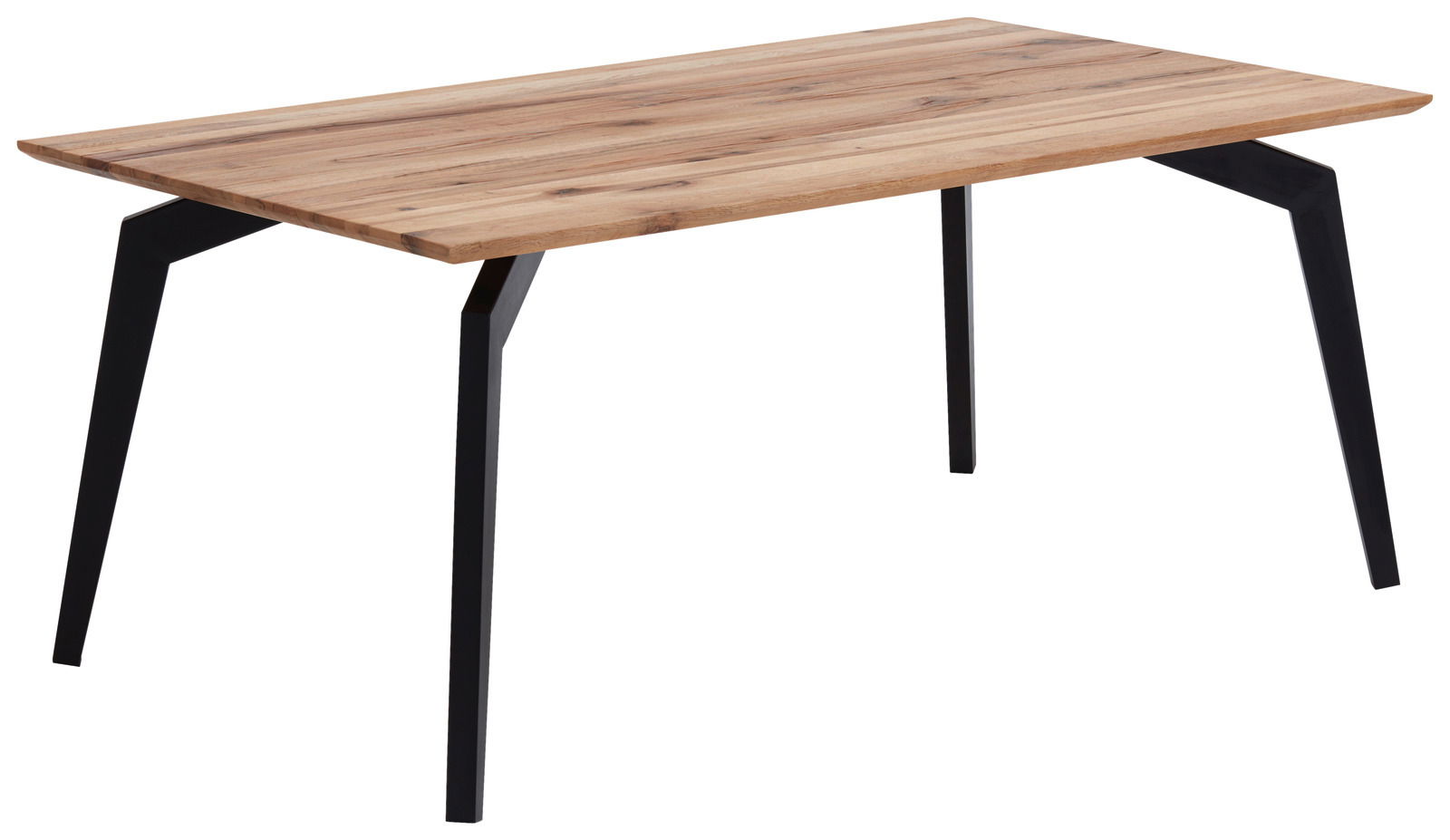 Moderner Esstisch mit Holzplatte und schwarzen Metallbeinen, seitliche Perspektive