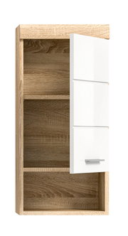 Hängeschrank aus Holz mit weißer Tür, teilweise geöffnet, Frontansicht