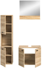 Badkombination aus Holzoptik mit Spiegelschrank, Hochschrank und Unterschrank, frontal abgebildet.
