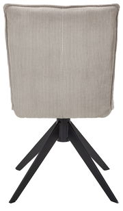 Rückansicht eines Stuhls mit geripptem Stoffbezug und schwarzem Metallgestell.