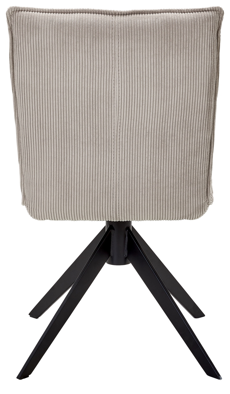 Johann Jakob Stuhl CALAS Rückansicht eines Stuhls mit geripptem Stoffbezug und schwarzem Metallgestell.