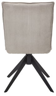 Rückansicht eines Stuhls mit geripptem Stoffbezug und schwarzem Metallgestell.