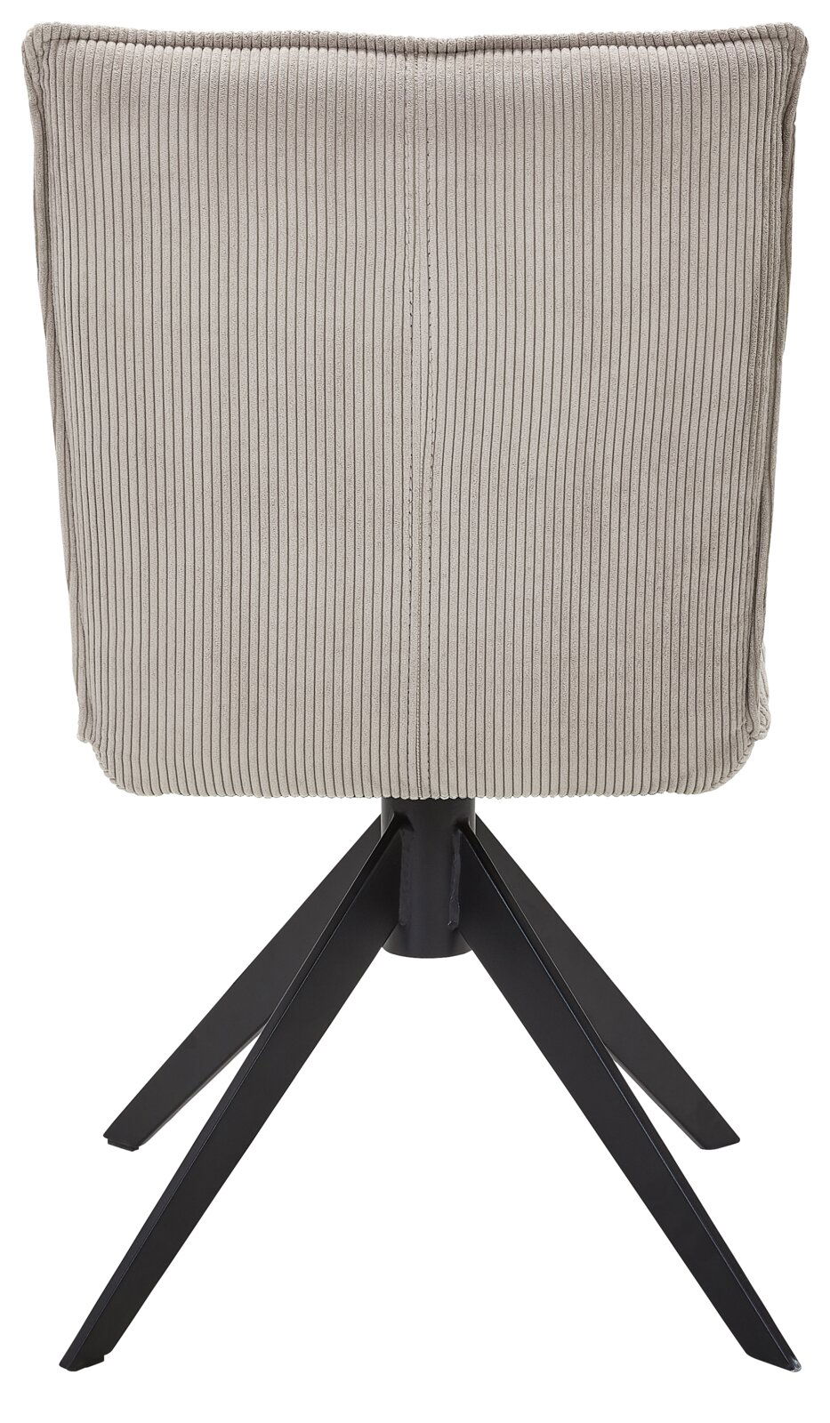 Johann Jakob Stuhl CALAS Rückansicht eines Stuhls mit geripptem Stoffbezug und schwarzem Metallgestell.