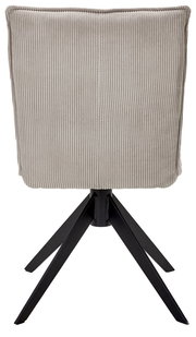 Rückansicht eines Stuhls mit geripptem Stoffbezug und schwarzem Metallgestell.