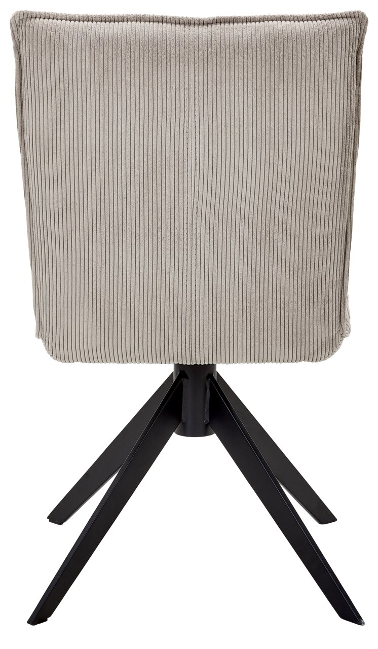 Johann Jakob Stuhl CALAS Rückansicht eines Stuhls mit geripptem Stoffbezug und schwarzem Metallgestell.