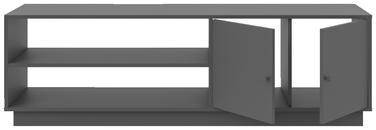 Graues TV-Lowboard mit zwei offenen Türen und Regalböden, frontale Ansicht