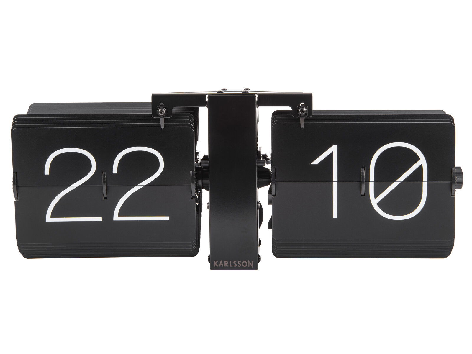 Schwarze Wanduhr im Flip-Design, frontal abgebildet, zeigt die Zeit 22:10 an.