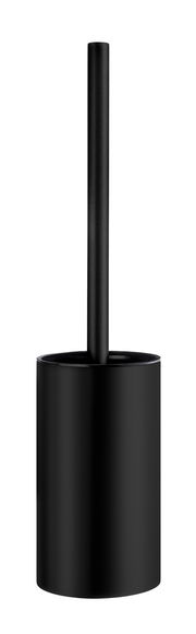 Schwarze WC-Bürste aus Stahl, frontal abgebildet mit zylindrischem Behälter und langem Griff.