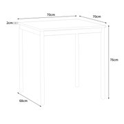 Schets van een vierkante eettafel met de afmetingen 70 x 70 x 76 cm, zijaanzicht