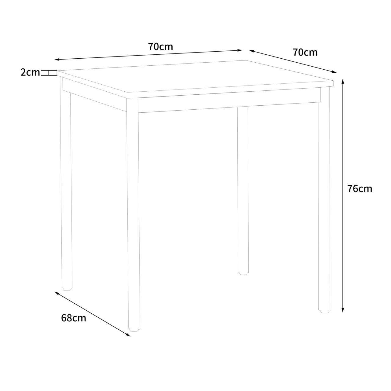 Schets van een vierkante eettafel met de afmetingen 70 x 70 x 76 cm, zijaanzicht