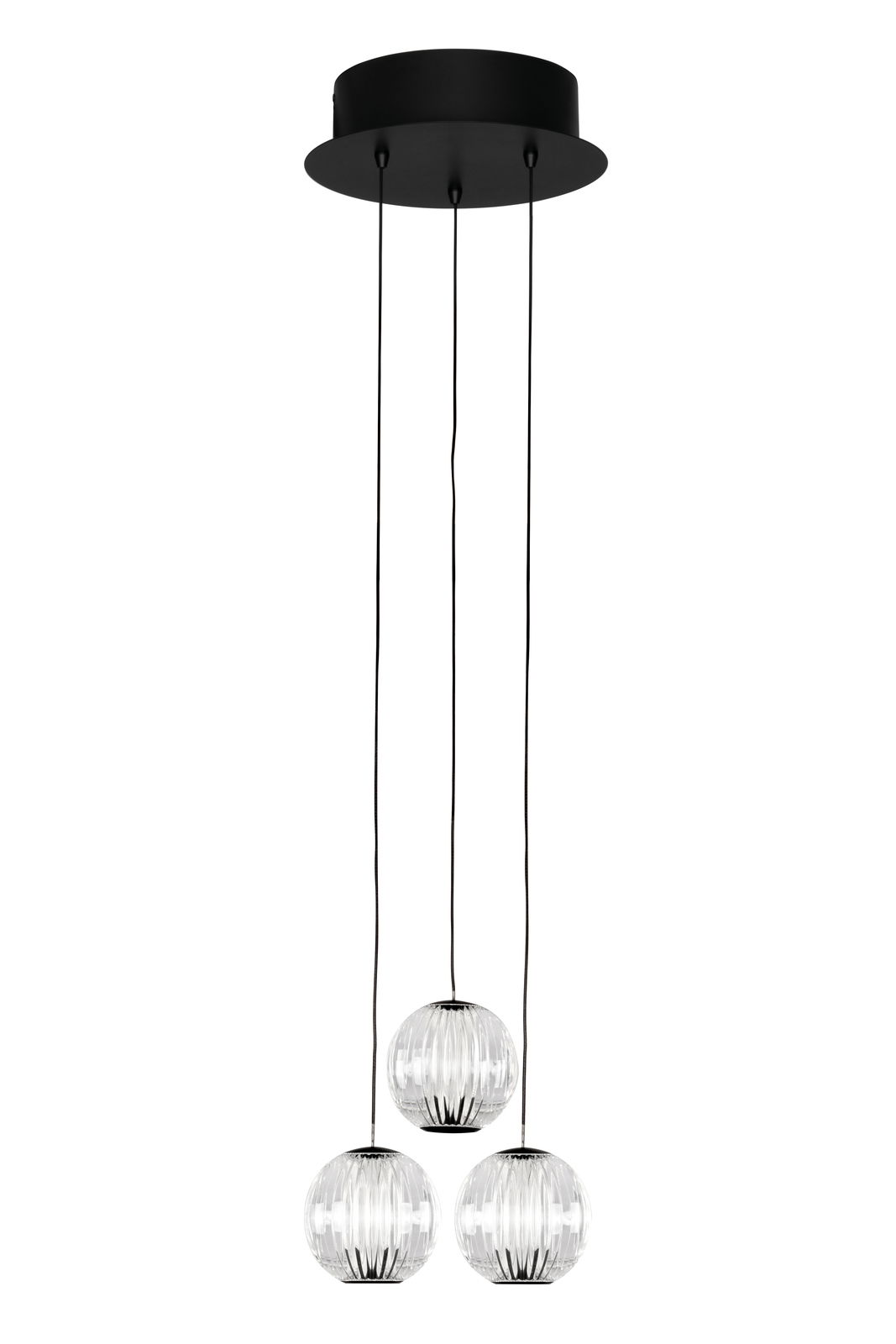 Moderne LED-Hängeleuchte mit drei kugelförmigen, geriffelten Glaskörpern, aufgehängt an schwarzen Kabeln von einer runden Deckenhalterung. Frontalansicht.