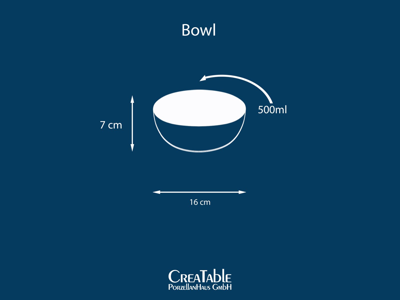 Grafische Darstellung einer runden Schale (Bowl) mit 500 ml Fassungsvermögen, ca. 16 cm Durchmesser und 7 cm Höhe, gezeigt in leichter Seitenansicht mit Blick von oben; unten Logo „CreaTable PorzellanHaus GmbH“ auf blauem Hintergrund.