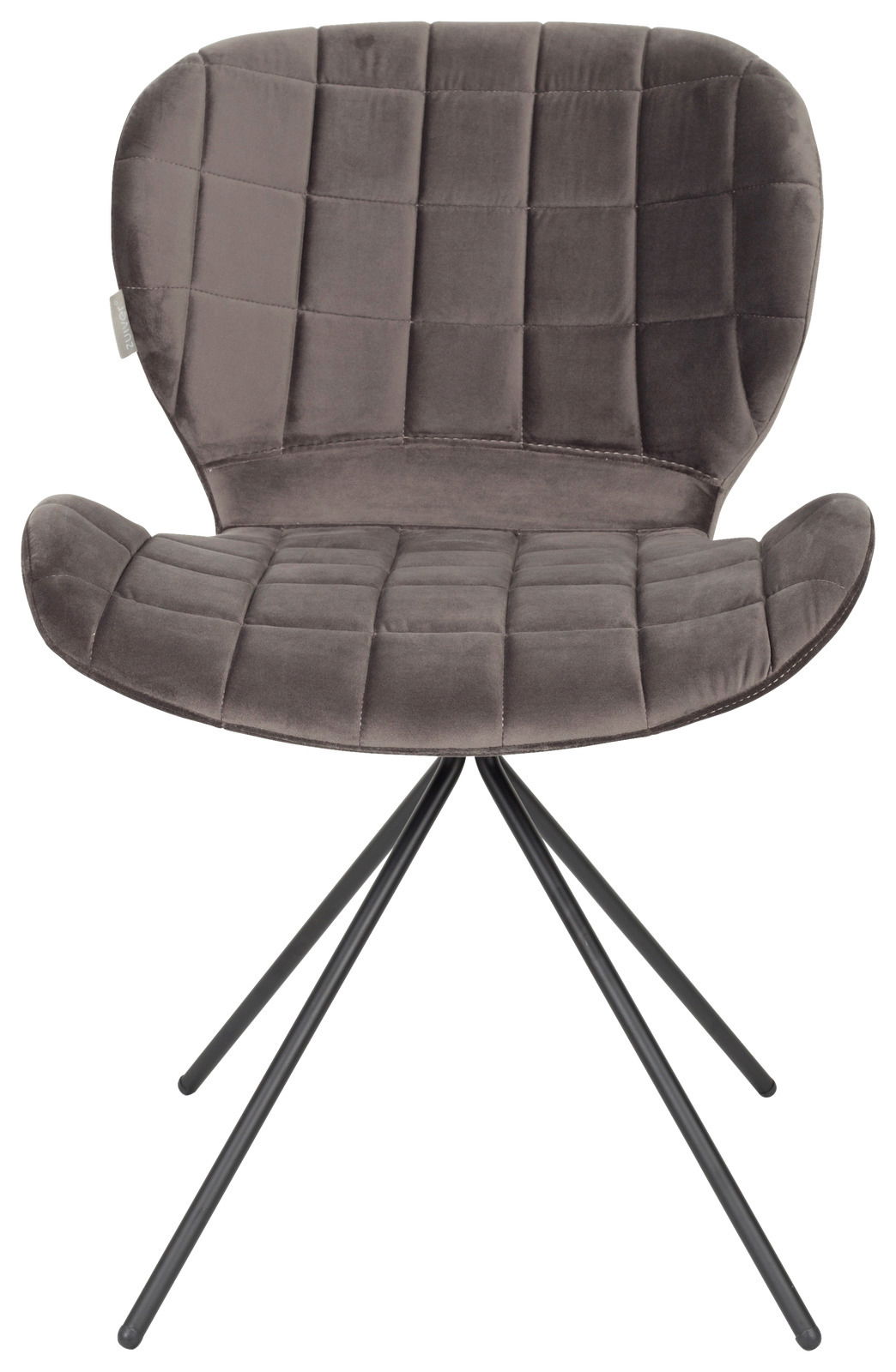 Moderner grauer Stuhl mit gepolsterter Sitzfläche und Rückenlehne, auf schwarzen Metallbeinen, Vorderansicht