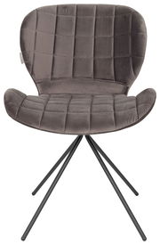 Moderner grauer Stuhl mit gepolsterter Sitzfläche und Rückenlehne, auf schwarzen Metallbeinen, Vorderansicht