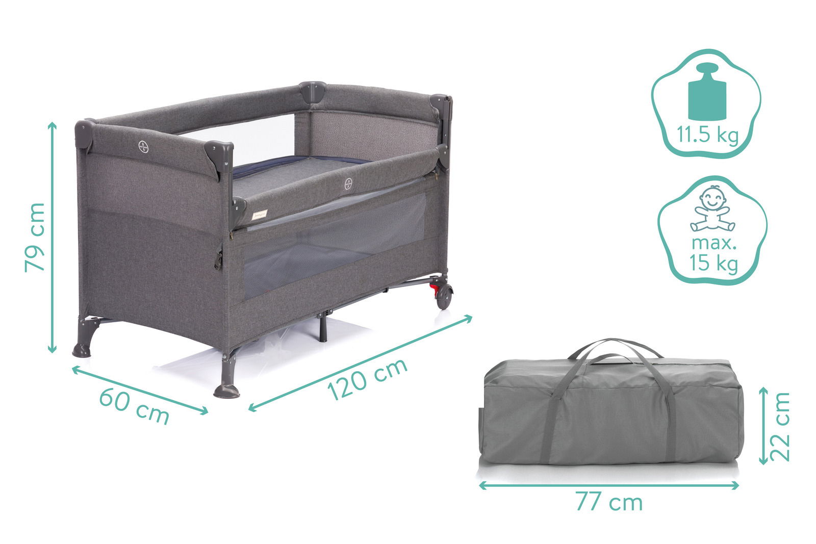 Reisebett in seitlicher Perspektive mit grauem Stoff, Netzfenster und Transporttasche, Maße 120x60x79 cm, Gewicht 11,5 kg, geeignet für Kinder bis 15 kg