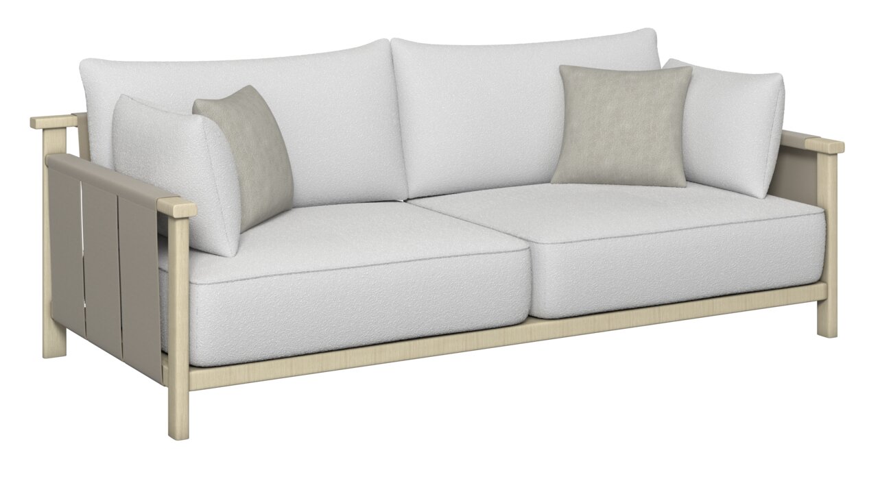 Modernes Loungesofa 2-Sitzer in hellem Stoff mit zwei großen Rückenkissen und einem kleineren Zierkissen, seitliche Perspektive.