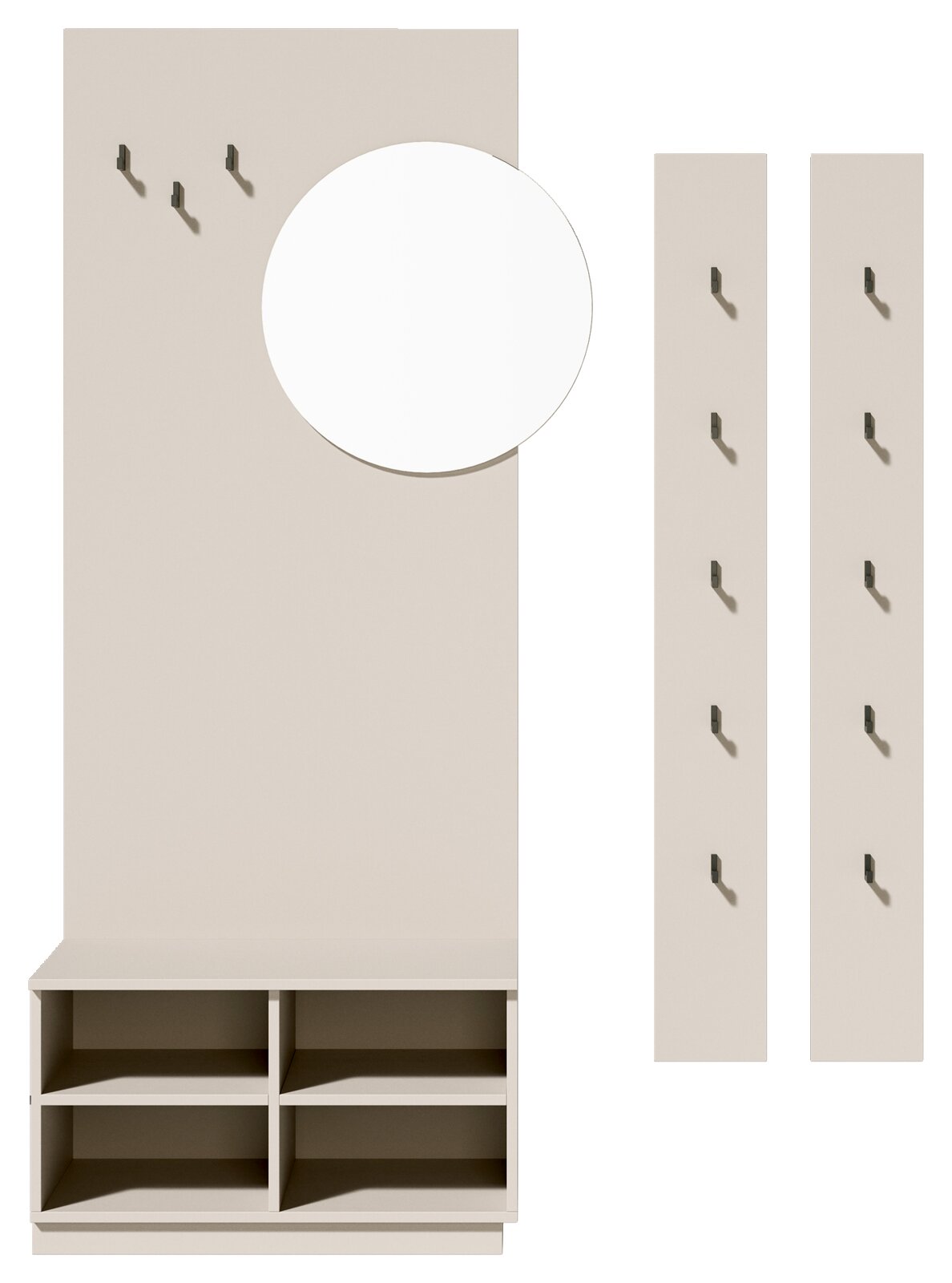 Moderne Garderobe in Beige mit rundem Spiegel, mehreren Wandhaken und offenem Schuhregal mit vier Fächern; zusätzlich zwei passende Hakenleisten, Frontansicht.