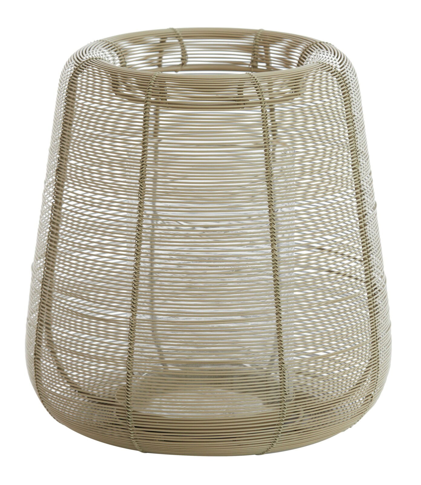 Windlicht aus geflochtenem Material in beige, seitliche Perspektive