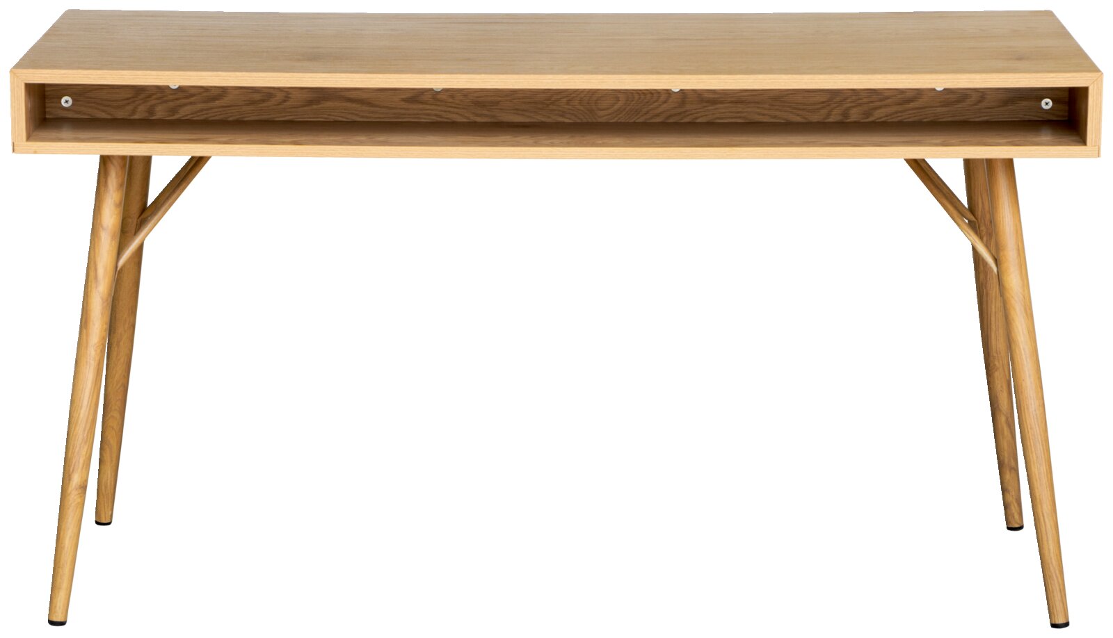 Moderner Schreibtisch aus Holz mit schrägen Beinen, Frontalansicht