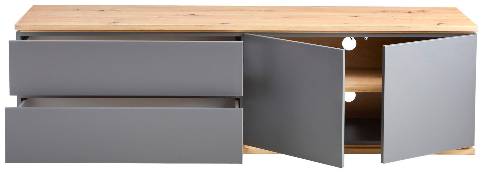 TV-Lowboard mit zwei offenen Schubladen und zwei offenen Türen, Frontansicht