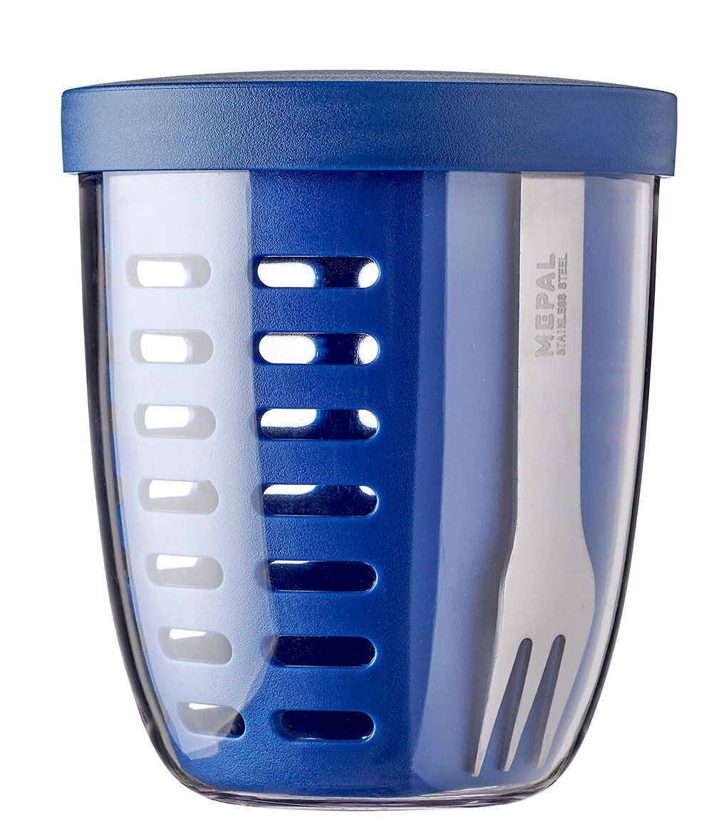 Blaues Snackpot-Set mit transparentem Behälter und integriertem Edelstahlgabel, seitliche Perspektive