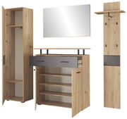 Garderoben-Set aus Holz in Frontansicht mit Schrank, Spiegel, Schuhregal und Wandpaneel mit Haken.
