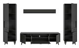Wohnkombination in schwarzem Design, bestehend aus zwei hohen Schränken mit offenen Türen und einem TV-Board in der Mitte, frontal betrachtet.