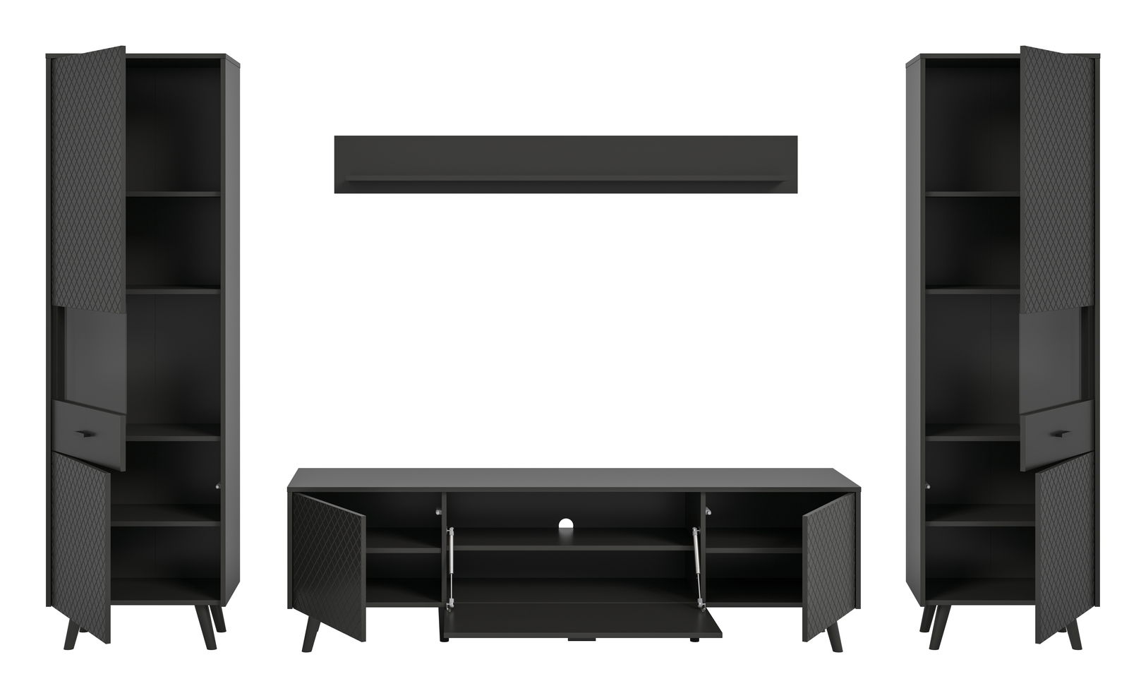 Wohnkombination in schwarzem Design, bestehend aus zwei hohen Schränken mit offenen Türen und einem TV-Board in der Mitte, frontal betrachtet.