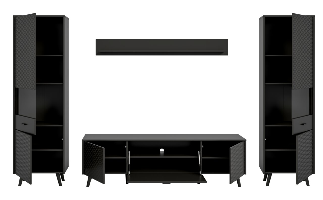Wohnkombination in schwarzem Design, bestehend aus zwei hohen Schränken mit offenen Türen und einem TV-Board in der Mitte, frontal betrachtet.