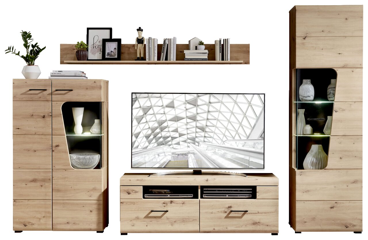 Wohnwand aus Holz mit Schränken, Regalen und TV-Element, frontal betrachtet