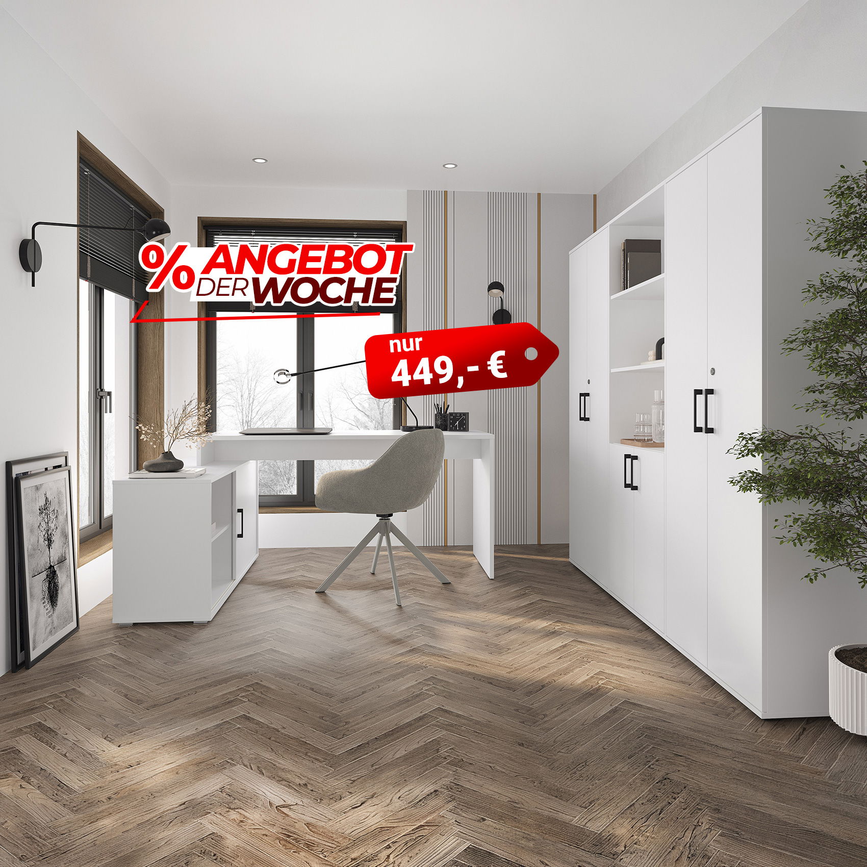 Modernes Homeoffice-Set mit Schreibtisch, Schrank und Sideboard in Weiß – Aktionspreis nur 449 €