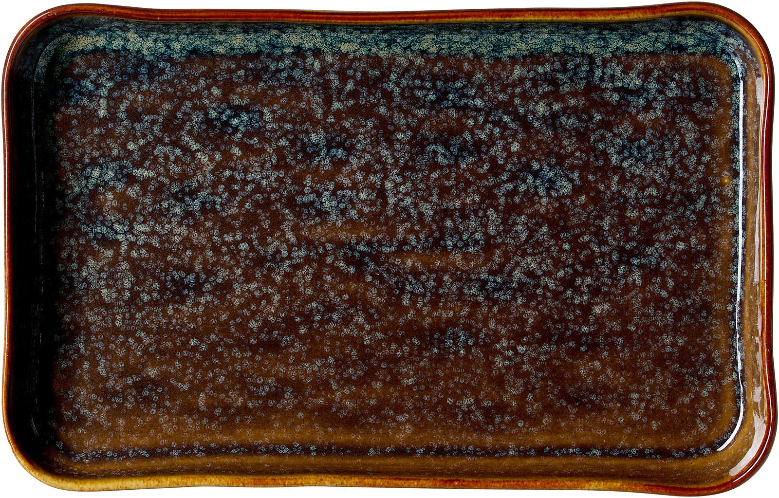 Rechteckiger Beilagenteller mit braunem und blauem Muster, Draufsicht