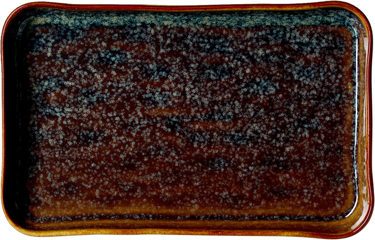 Rechteckiger Beilagenteller mit braunem und blauem Muster, Draufsicht