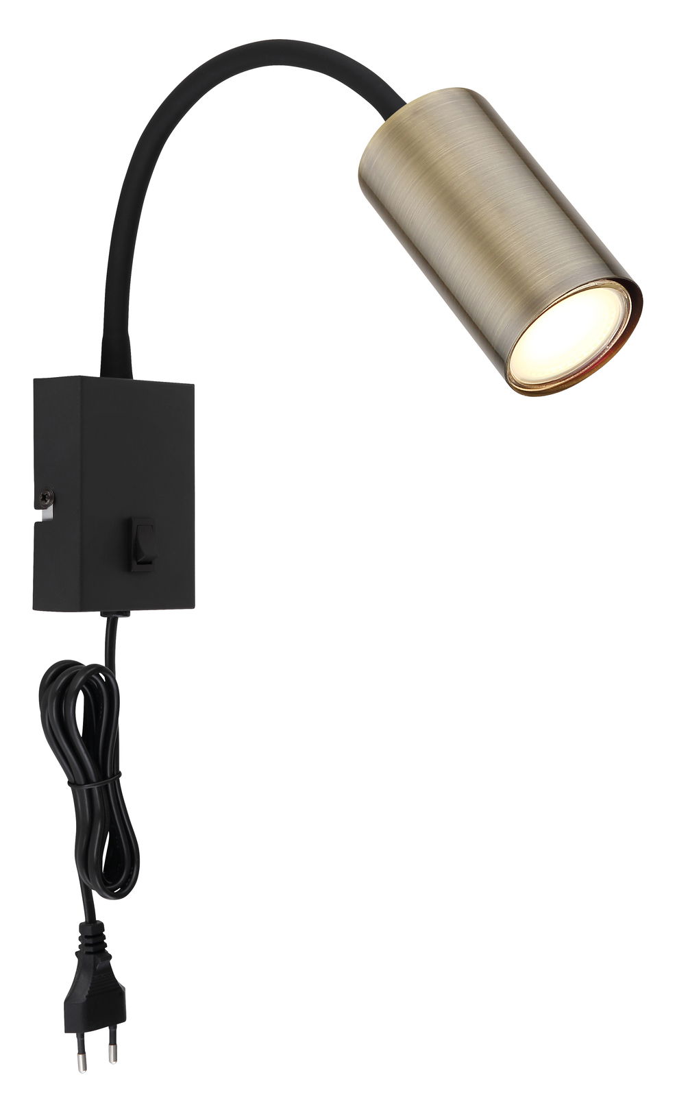 Wandleuchte aus Metall in Altmessing-Optik mit flexiblem Arm und schwarzem Kabel, seitliche Perspektive