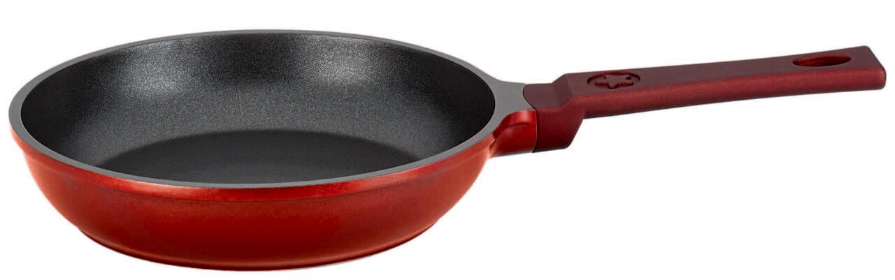 Spring Mini Bratpfanne CLASSIC Rote Mini Bratpfanne CLASSIC 18 cm, seitliche Perspektive mit schwarzer Antihaftbeschichtung und ergonomischem Griff.