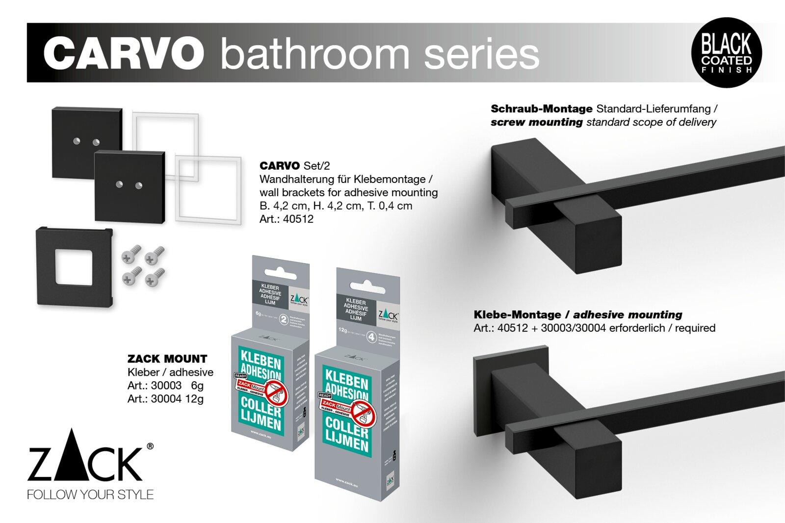 ZACK CARVO Badezimmer-Serie Wandhalterung Set/2 in schwarz beschichteter Oberfläche, inklusive Schrauben und Klebe-Montagezubehör, Produktdarstellung in schräger Seitenansicht (Perspektive) auf weißem Hintergrund