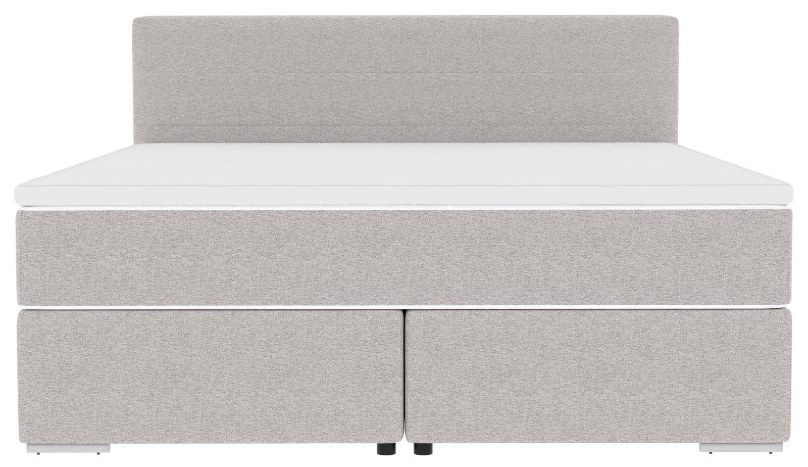 Gepolstertes Boxspringbett in hellgrauem Stoff mit hohem, schlichtem Kopfteil und weißer Matratze, frontale Ansicht