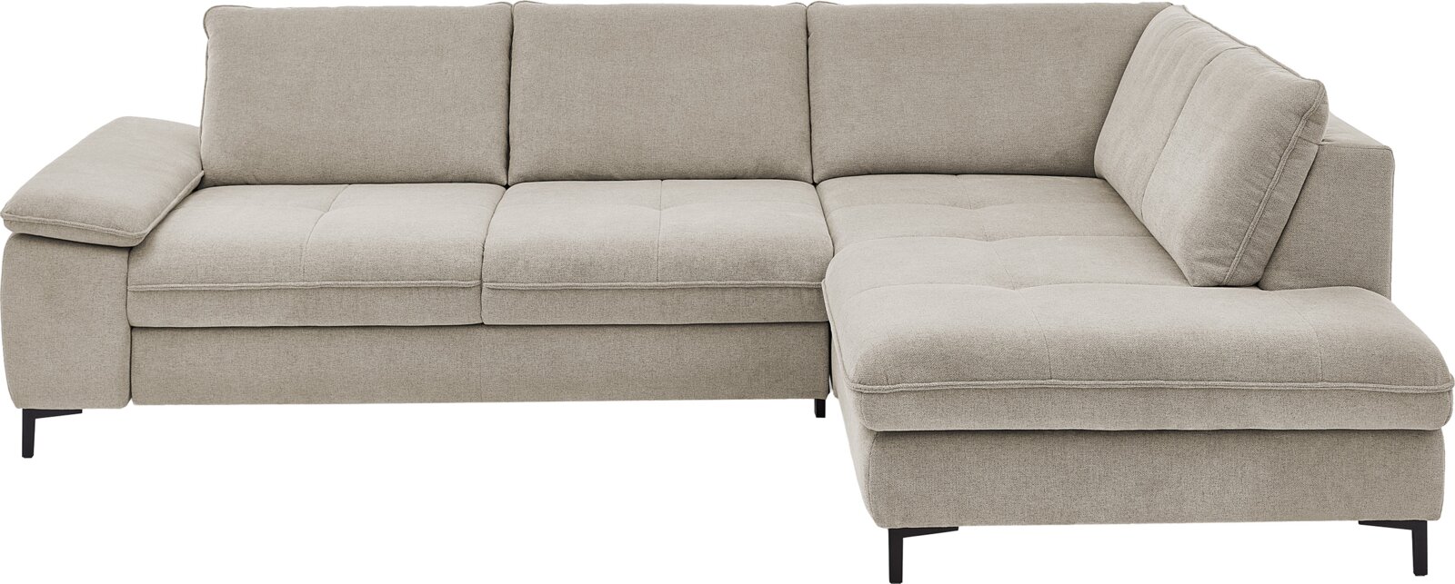 Beige hoekbankstel met een modern ontwerp, gezien van voren.