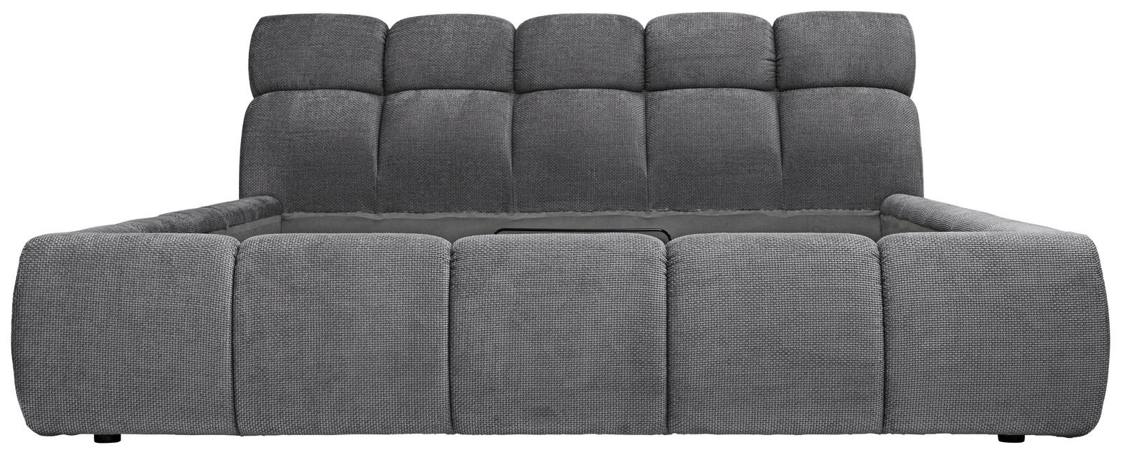 Graues Polsterbettgestell in Frontalansicht mit gepolstertem Kopfteil und Seitenlehnen.