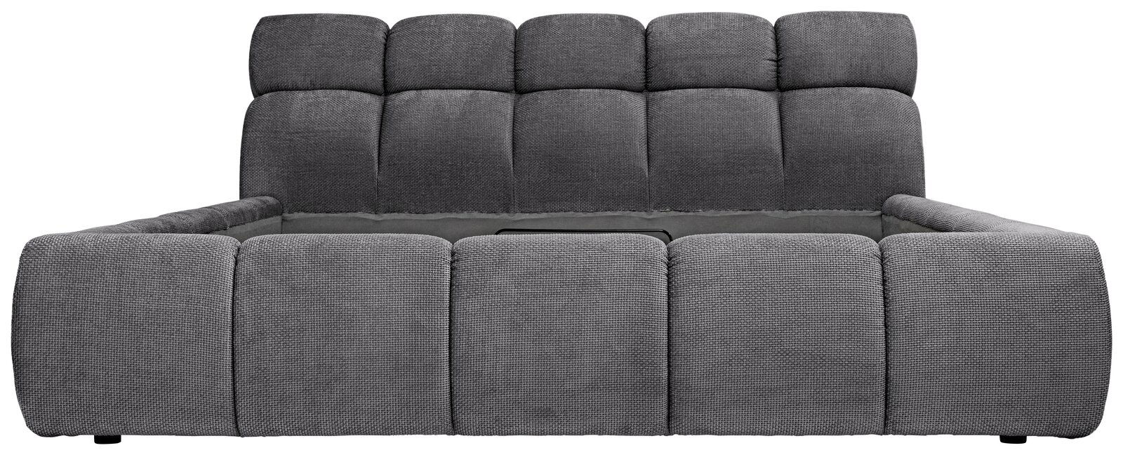 Graues Polsterbettgestell in Frontalansicht mit gepolstertem Kopfteil und Seitenlehnen.