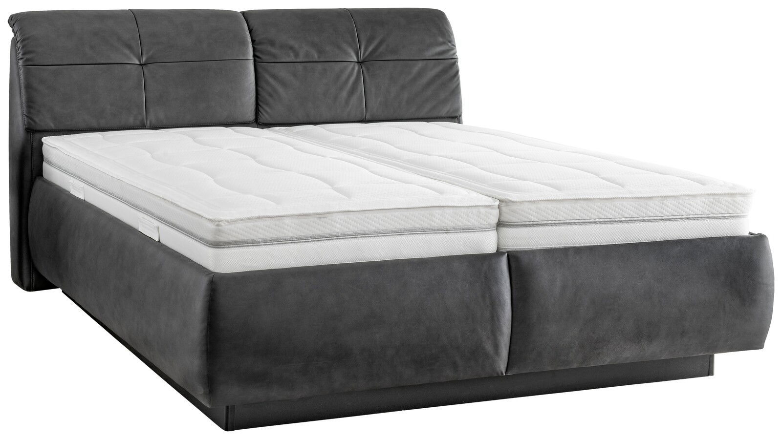 Beldomo Sleep Polsterbett FRANKA Graues Polsterbett mit hohem Kopfteil und weißer Matratze, seitliche Perspektive