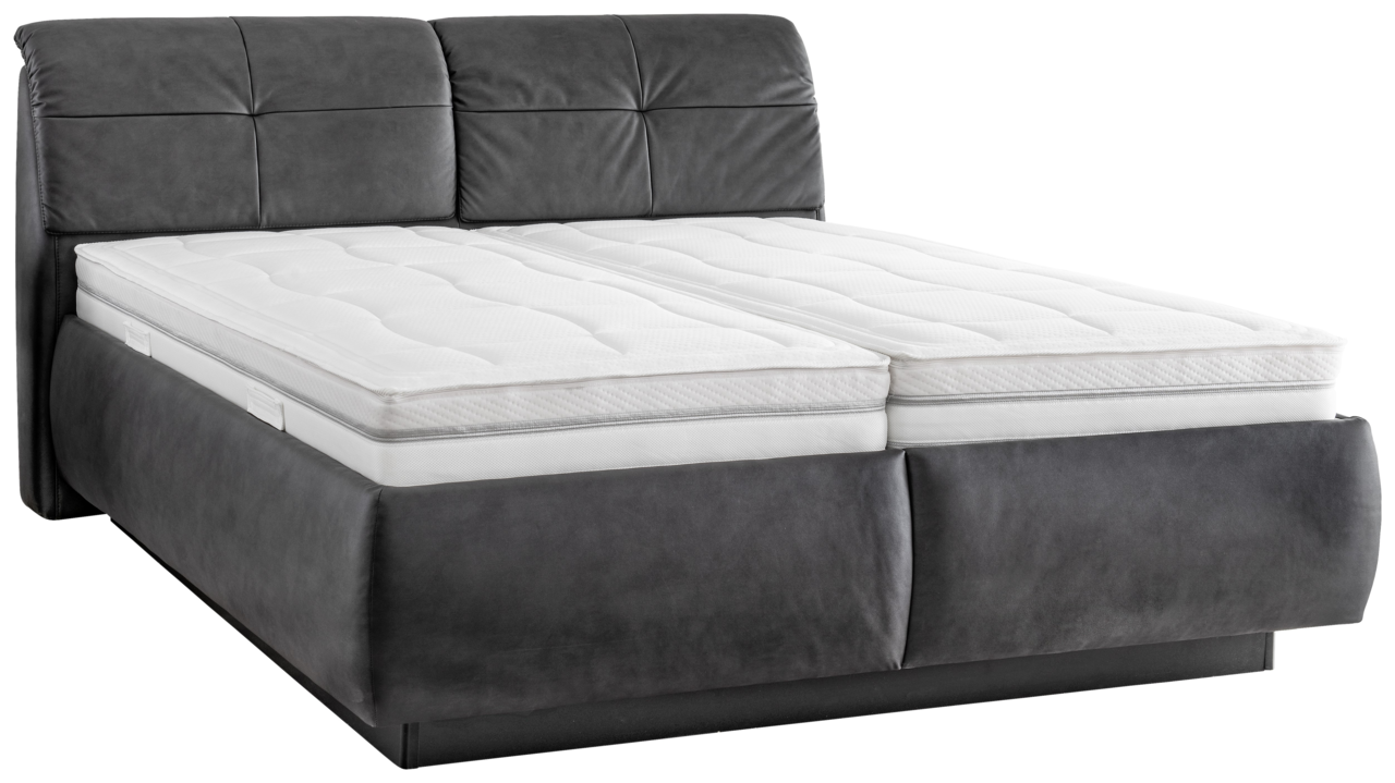 Beldomo Sleep Polsterbett FRANKA Graues Polsterbett mit hohem Kopfteil und weißer Matratze, seitliche Perspektive