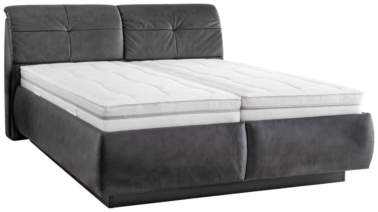 Beldomo Sleep Polsterbett FRANKA Graues Polsterbett mit hohem Kopfteil und weißer Matratze, seitliche Perspektive