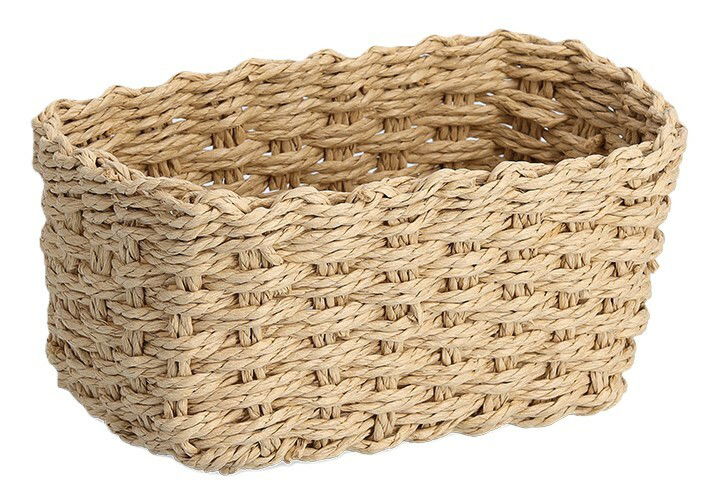 Rechteckiger Aufbewahrungskorb aus geflochtenem Naturmaterial, seitliche Perspektive.