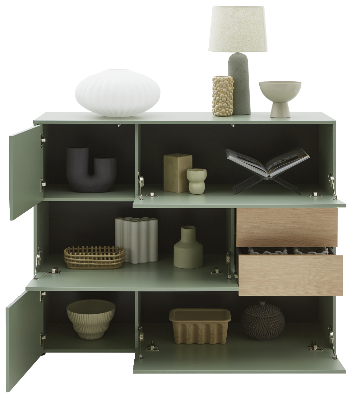 Grünes Highboard mit offenen Türen und Schubladen, dekoriert mit modernen Vasen und einer Lampe, Frontalansicht.